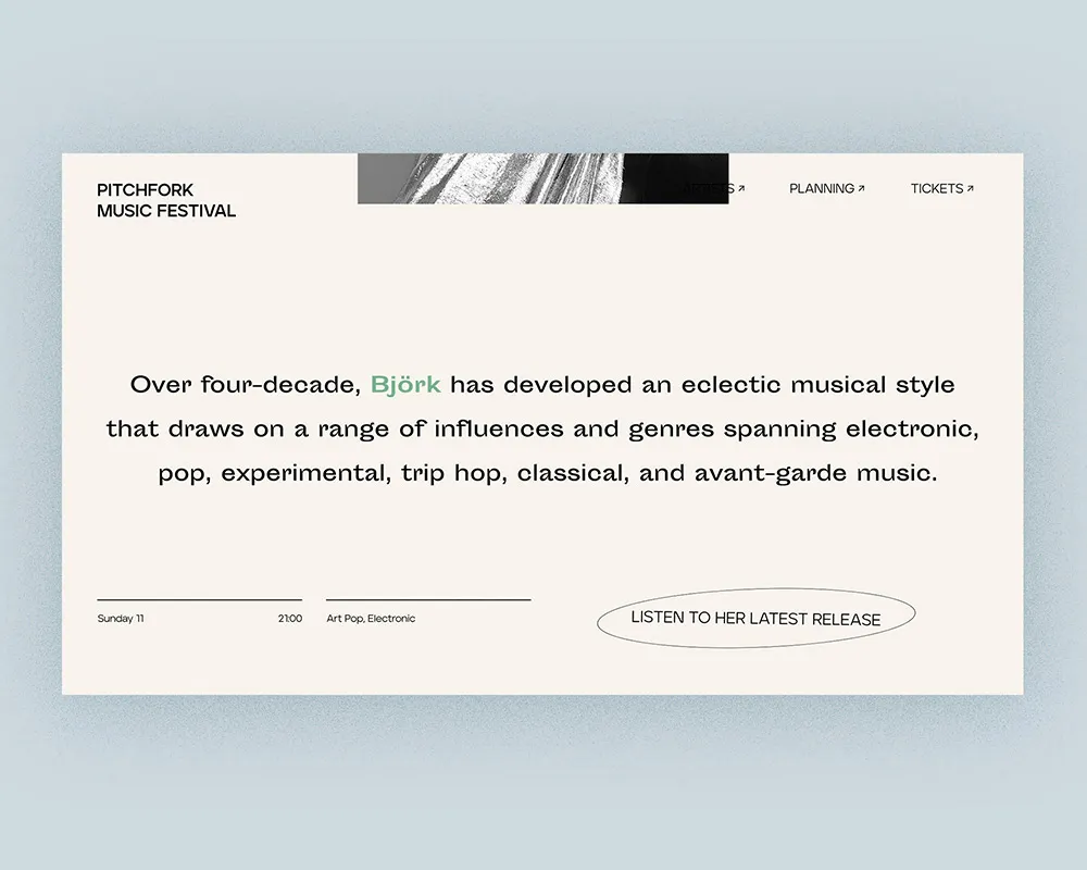 Artist page for Björk: a short biography, the set date, genres, and a button to listen to her latest release.