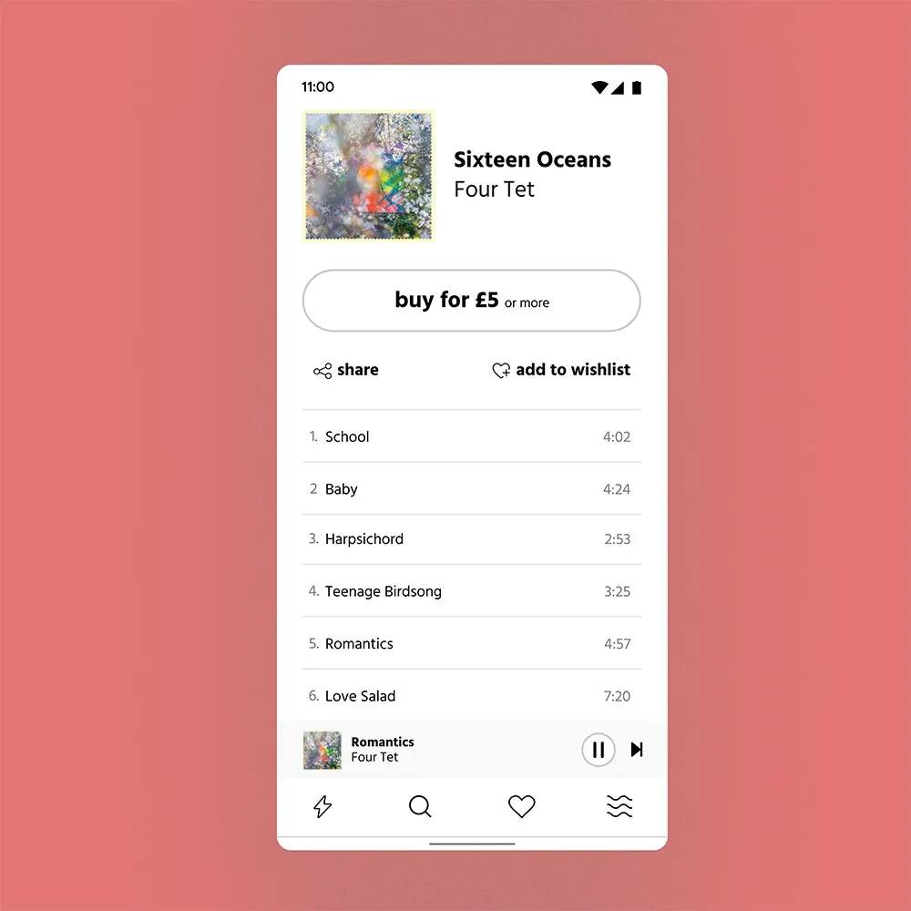 Album page on mobile: artwork, buy button, tracklist, and a mini player above the tab bar.