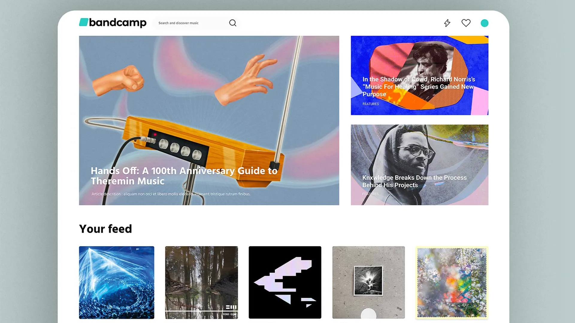 Top of the redesigned Bandcamp home page: the new logo and a search field, three featured articles, then the first row of Your feed with five album covers.