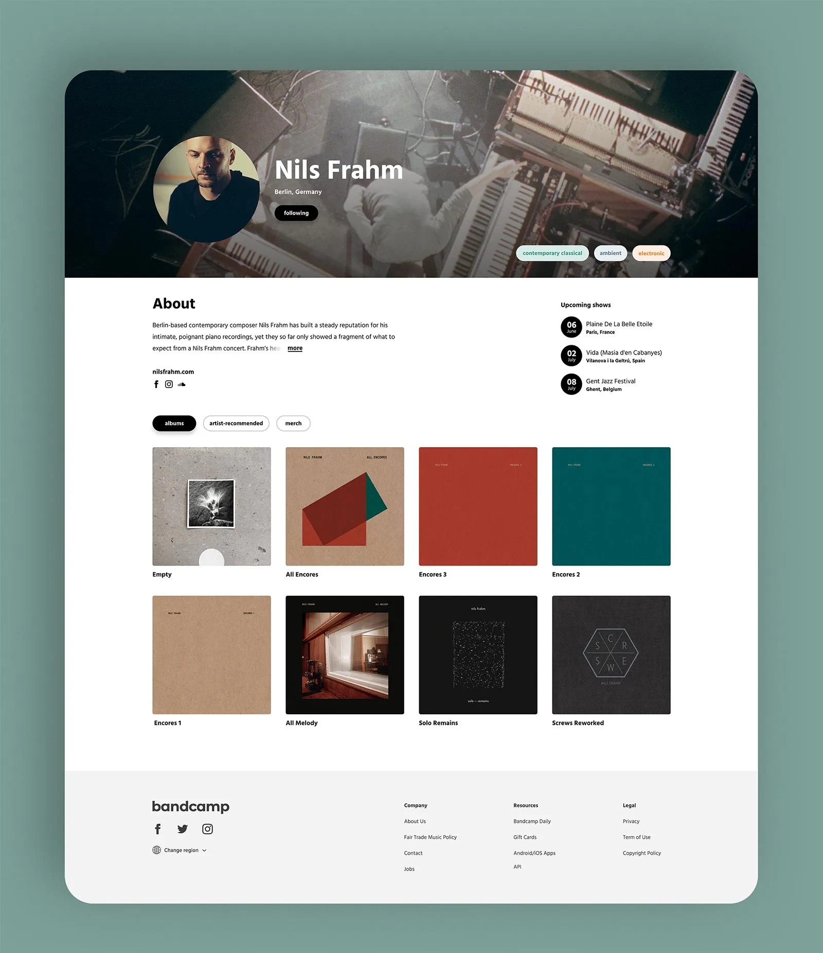 Artist page for Nils Frahm: a header photograph, an About section, and a grid of releases.