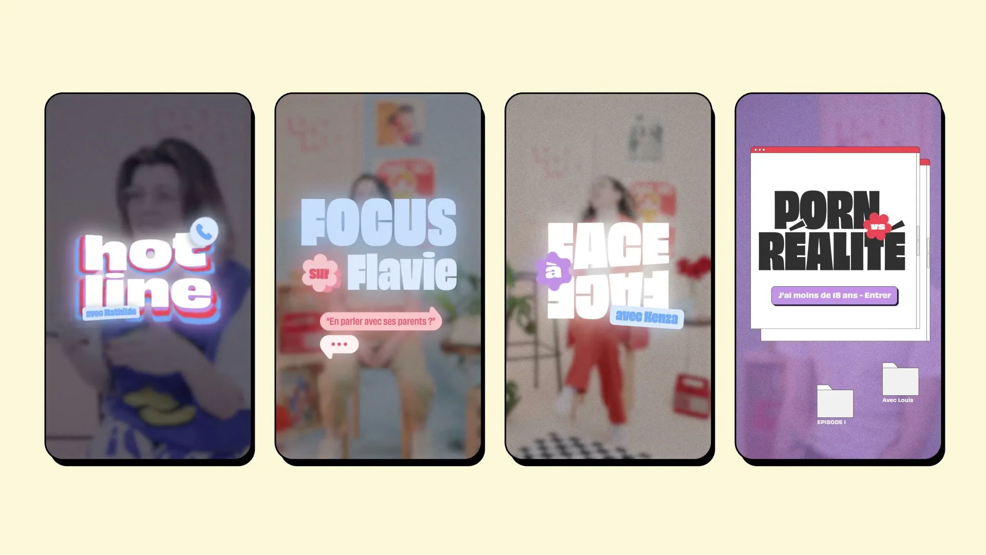 Four phone screens showing the video formats: Hot Line, Focus, Face à and Porn Réalité.