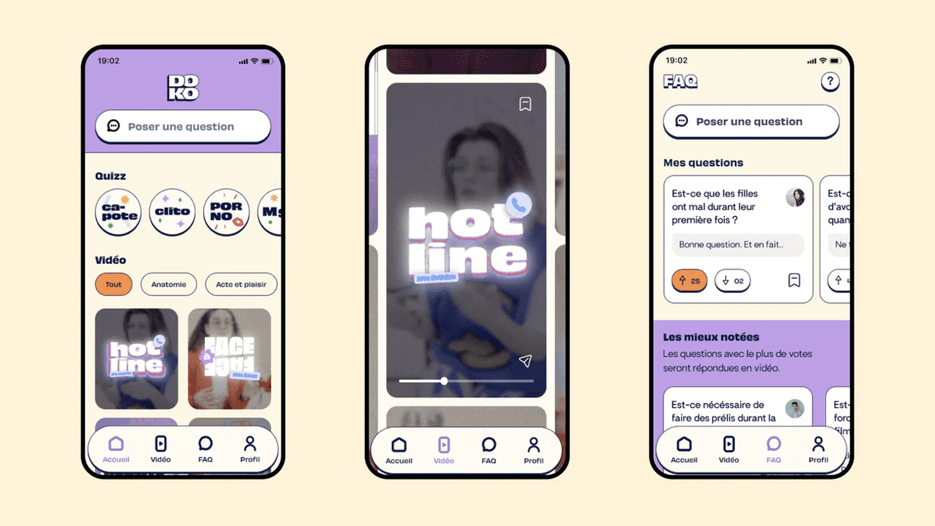 Three phone screens from the Doko prototype, in French: the home with an “ask a question” field, quizzes and videos; a Hot Line video playing; and the FAQ, with the user’s questions and the most upvoted ones.