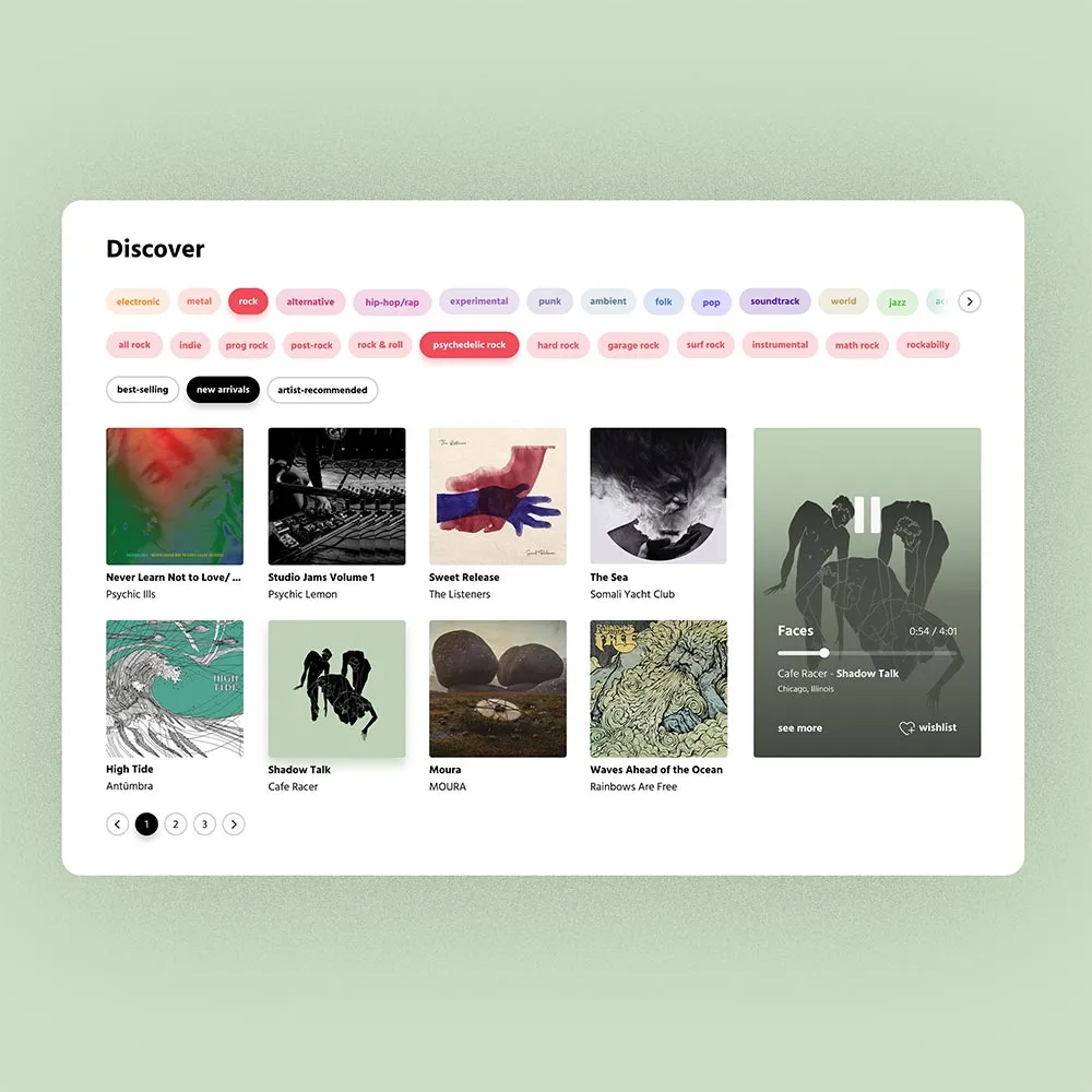 Discover page: rows of genre tags above a grid of album covers, one of them open with a player.
