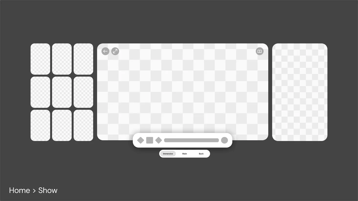 Wireframe of the show layout: a grid of looks, a central video window with playback controls, and a side panel.
