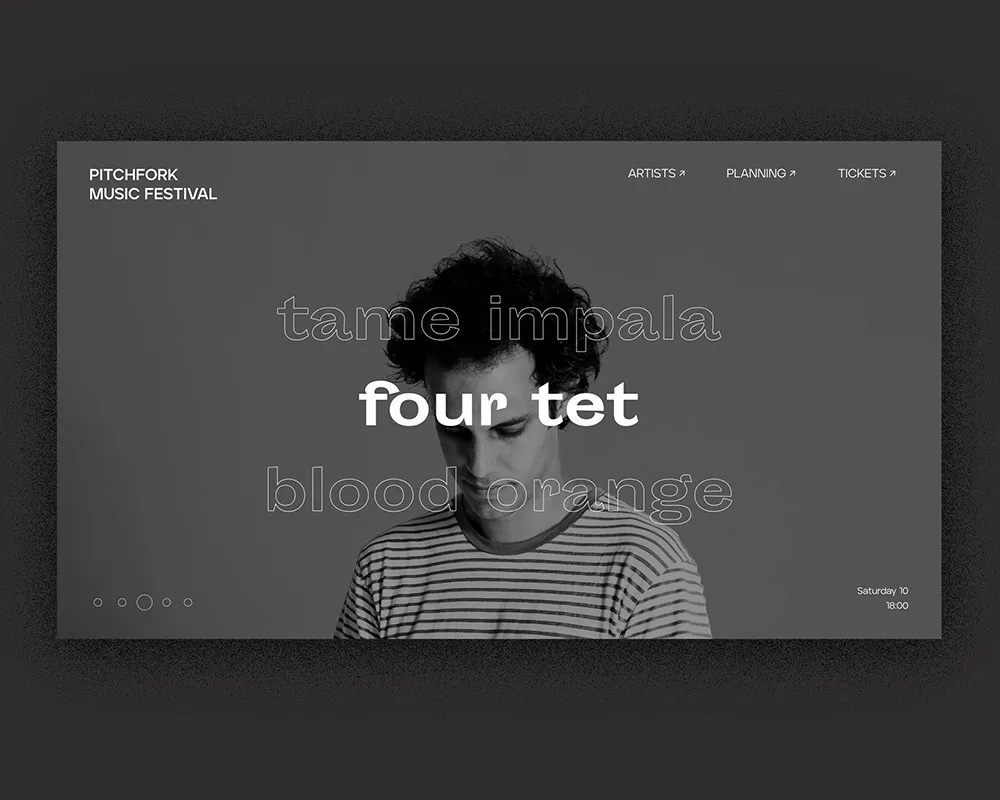 Dark lineup screen: Four Tet in white over a portrait, with Tame Impala and Blood Orange outlined above and below.