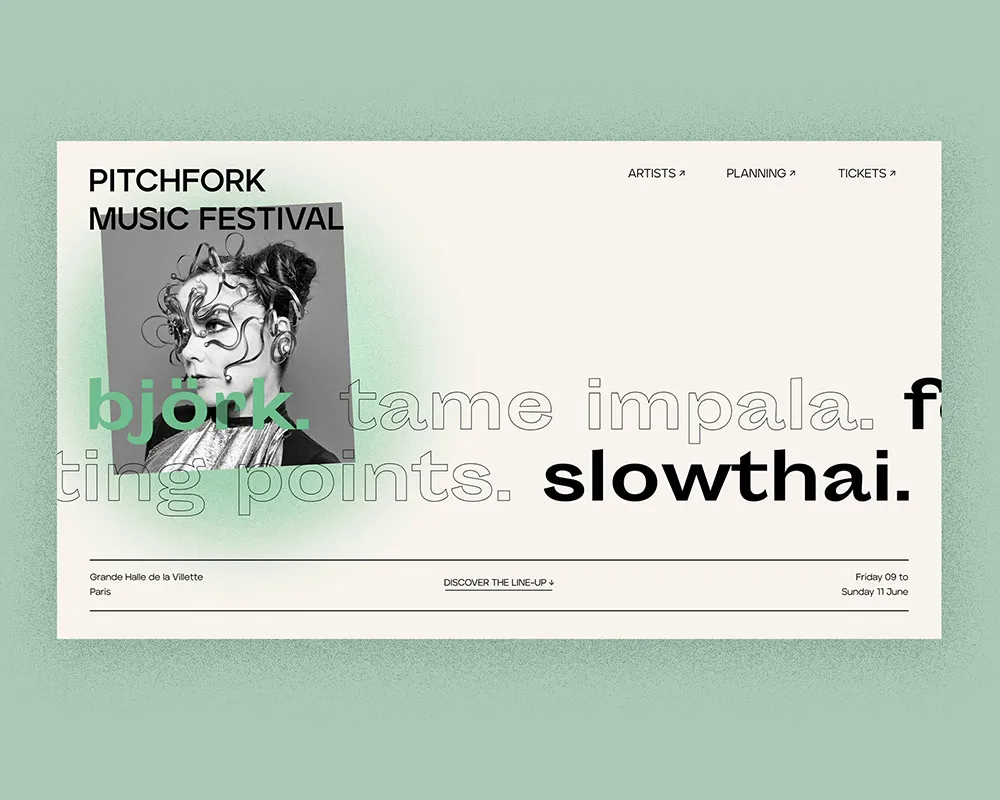 Home page: the names Björk, Tame Impala and Slowthai in large type, Björk highlighted in green with her portrait.