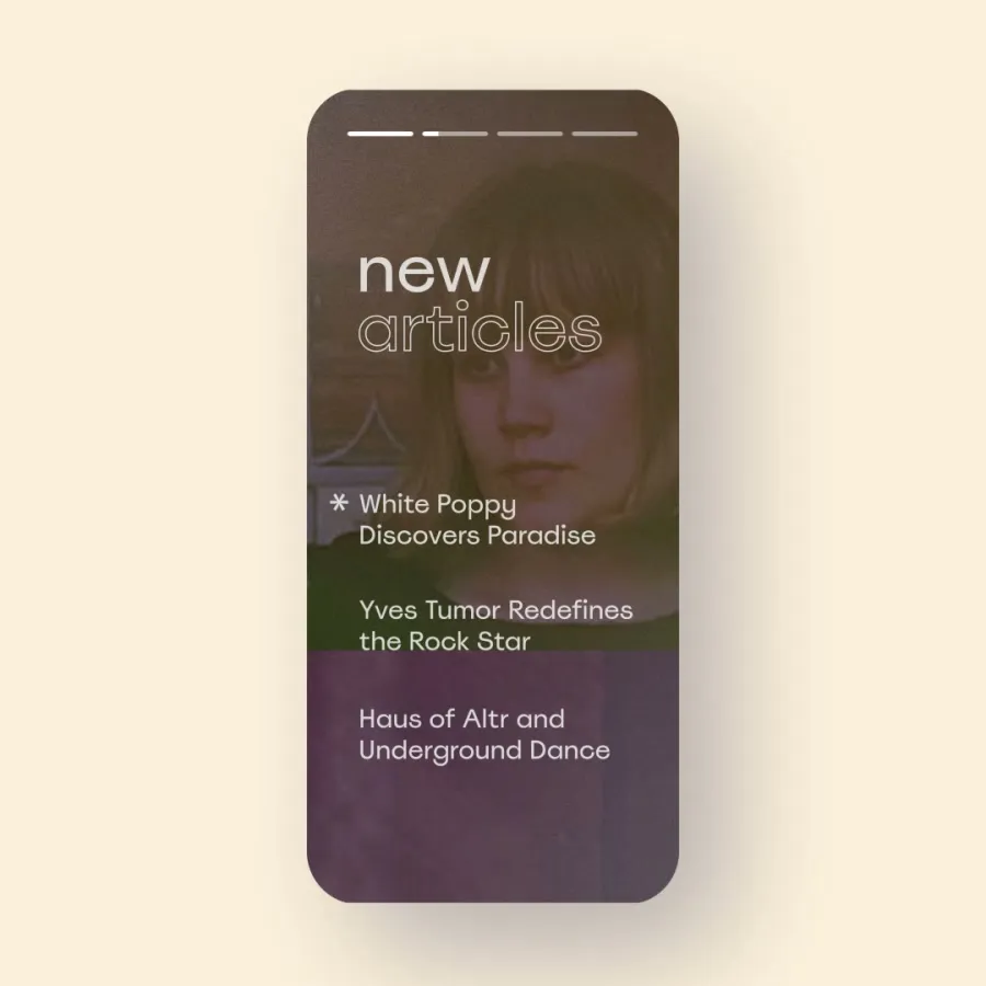 Mobile story titled New articles, listing three headlines.