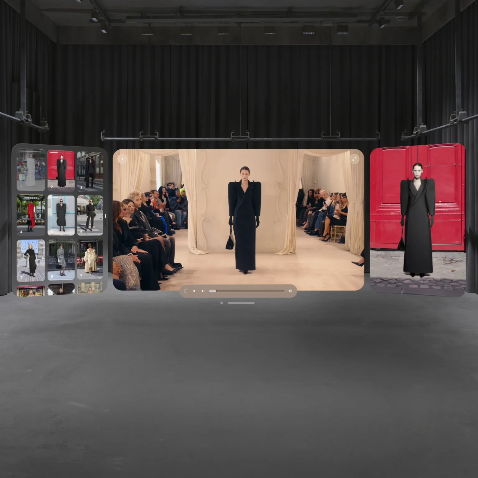 Show view floating in a dark room: the runway video in the centre, a grid of looks on the left and a selected look on the right.