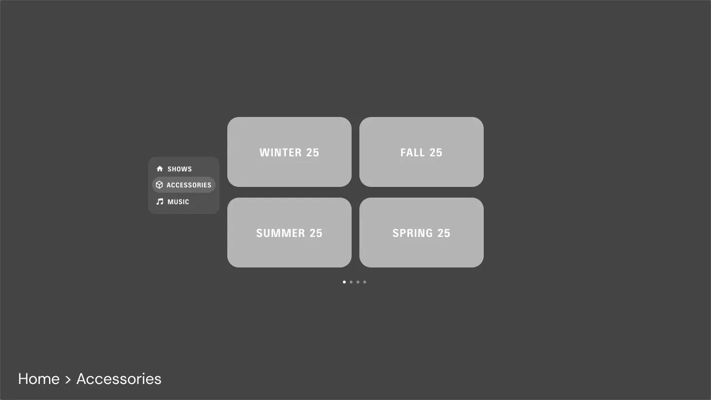 Wireframe of the accessories menu: four season tiles, Winter 25, Fall 25, Summer 25 and Spring 25, beside a side navigation.