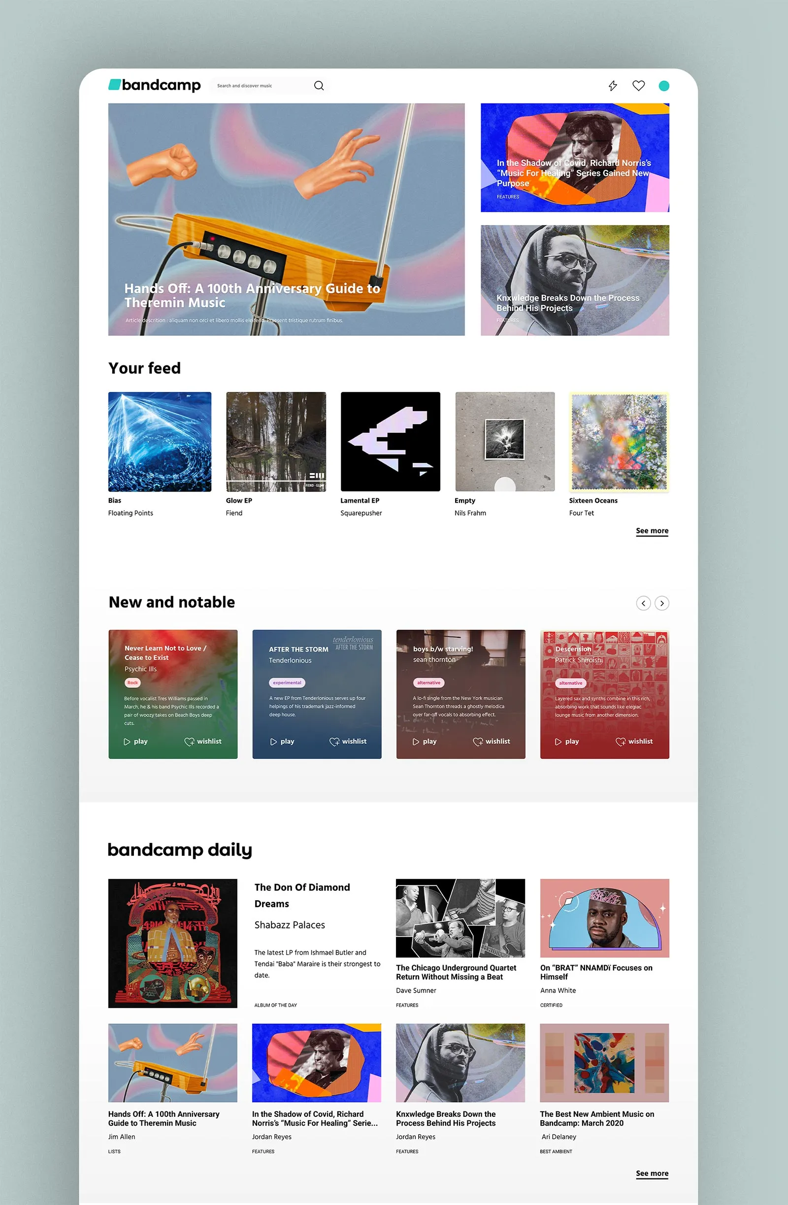 Home page: a featured header, then the sections Your feed, New and notable, and Bandcamp Daily.