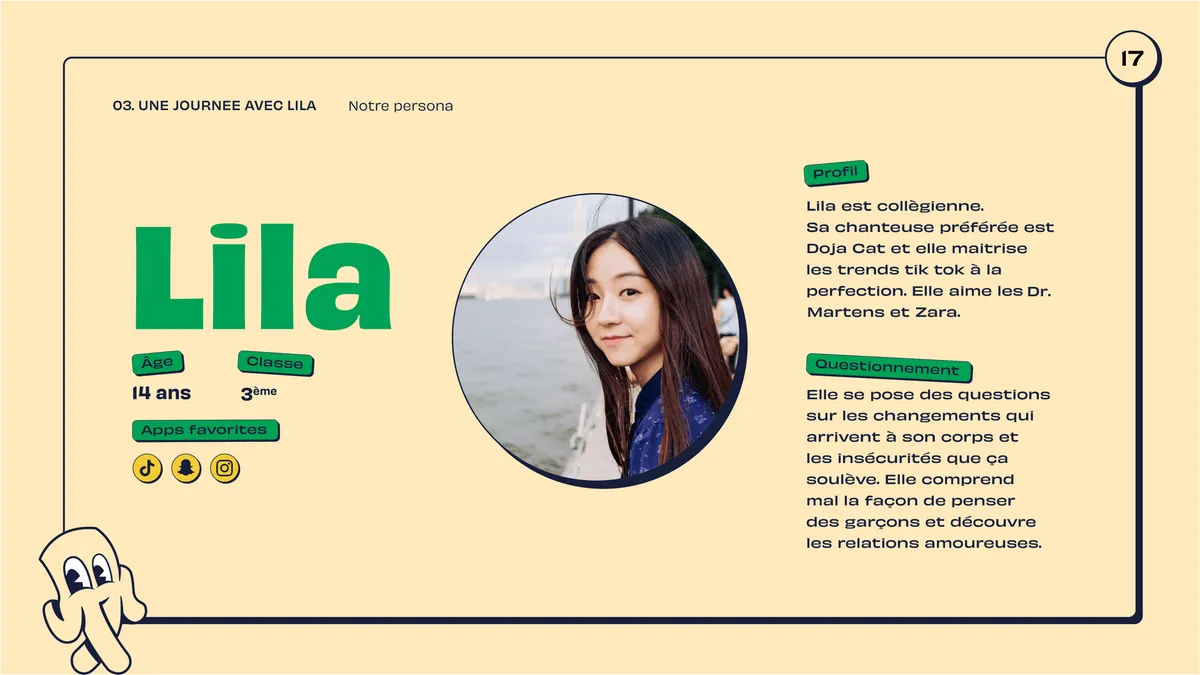 Persona slide, in French: Lila, 14, in her last year of middle school; favourite apps TikTok, Snapchat and Instagram; she has questions about her changing body and first relationships.