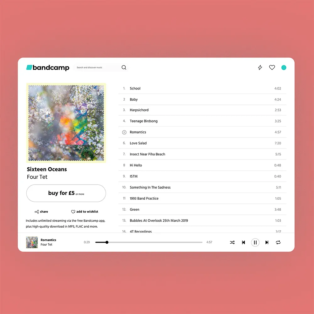 Album page on desktop: Sixteen Oceans by Four Tet, with its artwork, a buy button, the tracklist, and a player bar.